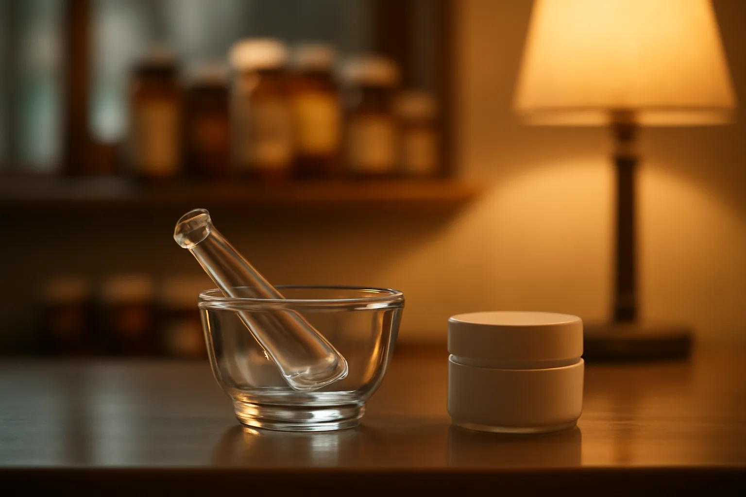 Compounding pharmacy counter with mortar, pestle, and unlabeled jar suggesting scream cream preparation
