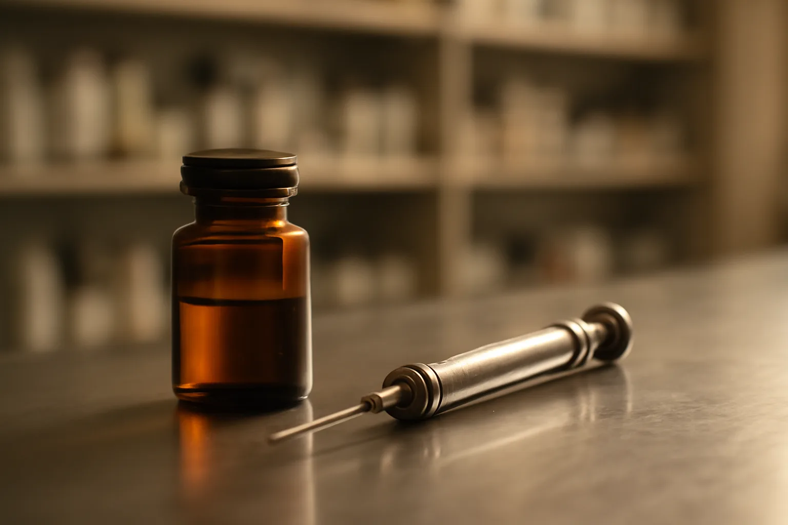 Compounded cream jar and dosing syringe on a pharmacy counter
