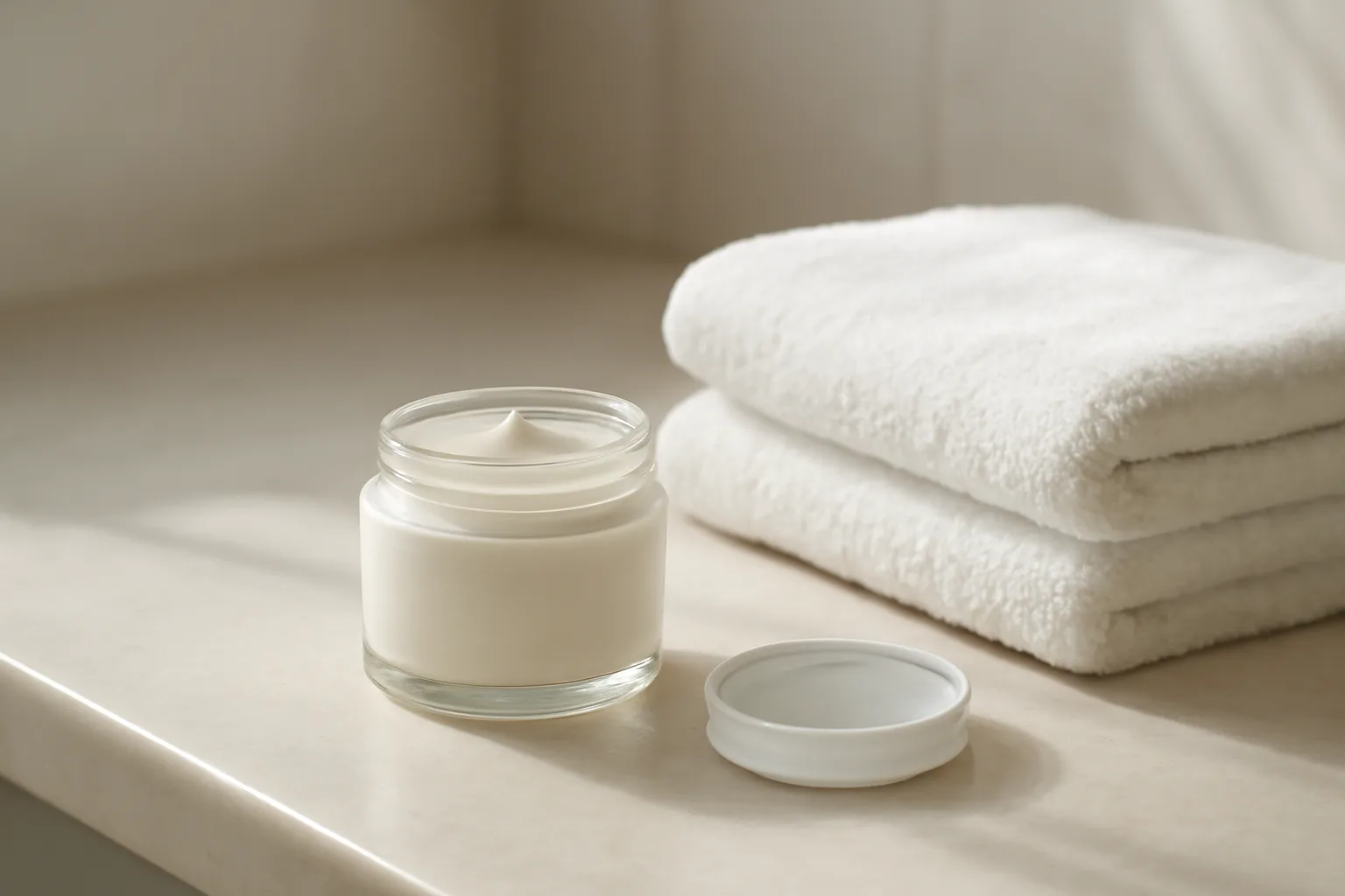 Unlabeled jar of topical cream on a bathroom counter representing scream cream pros and cons