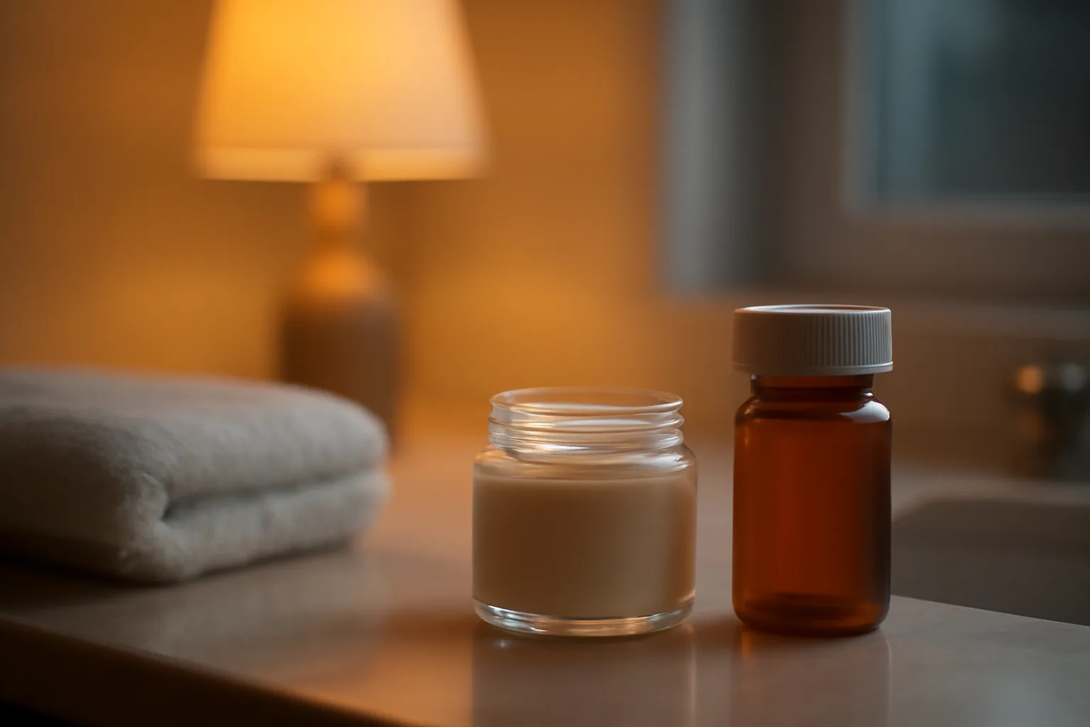 Unlabeled cream jar and pill bottle on a bathroom counter, comparing arousal treatment options