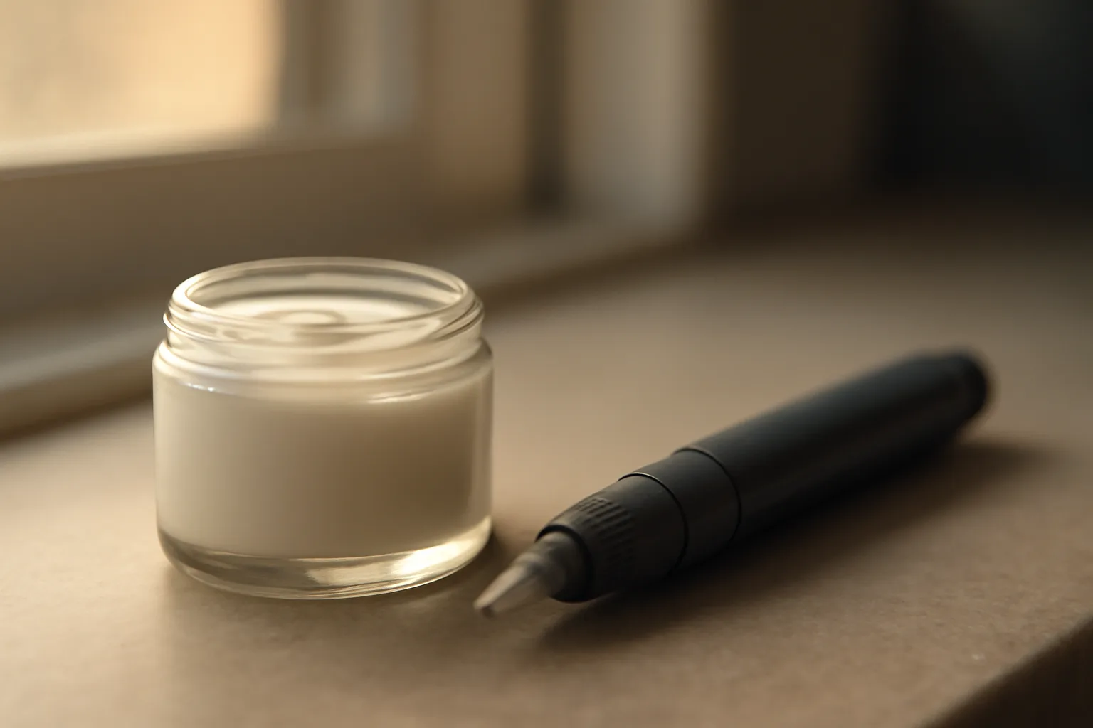 Compounded arousal cream jar next to an injector pen on a counter, comparing scream cream and PT-141