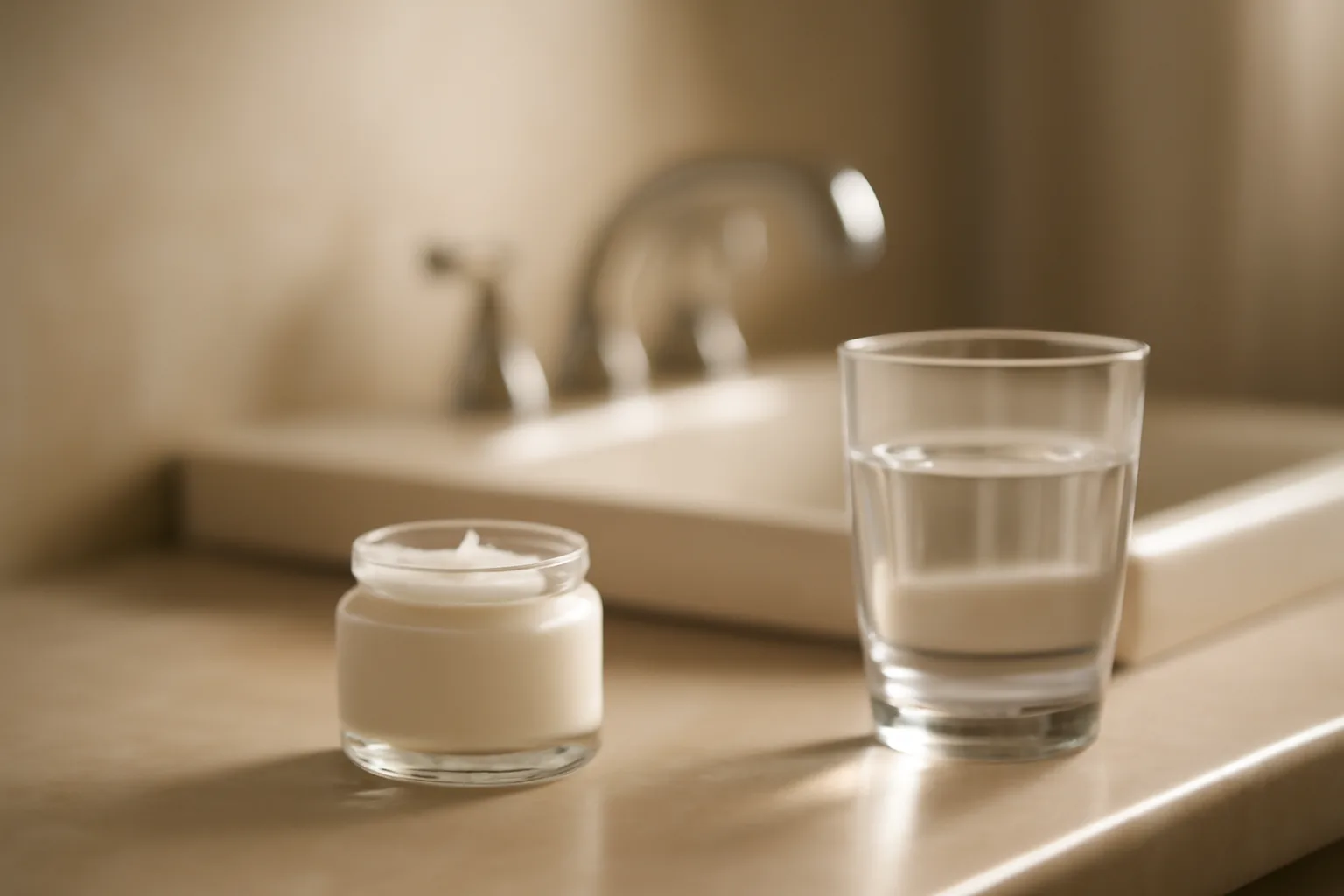 Unlabeled cream jar on a bathroom counter representing compounded scream cream versus sildenafil pill