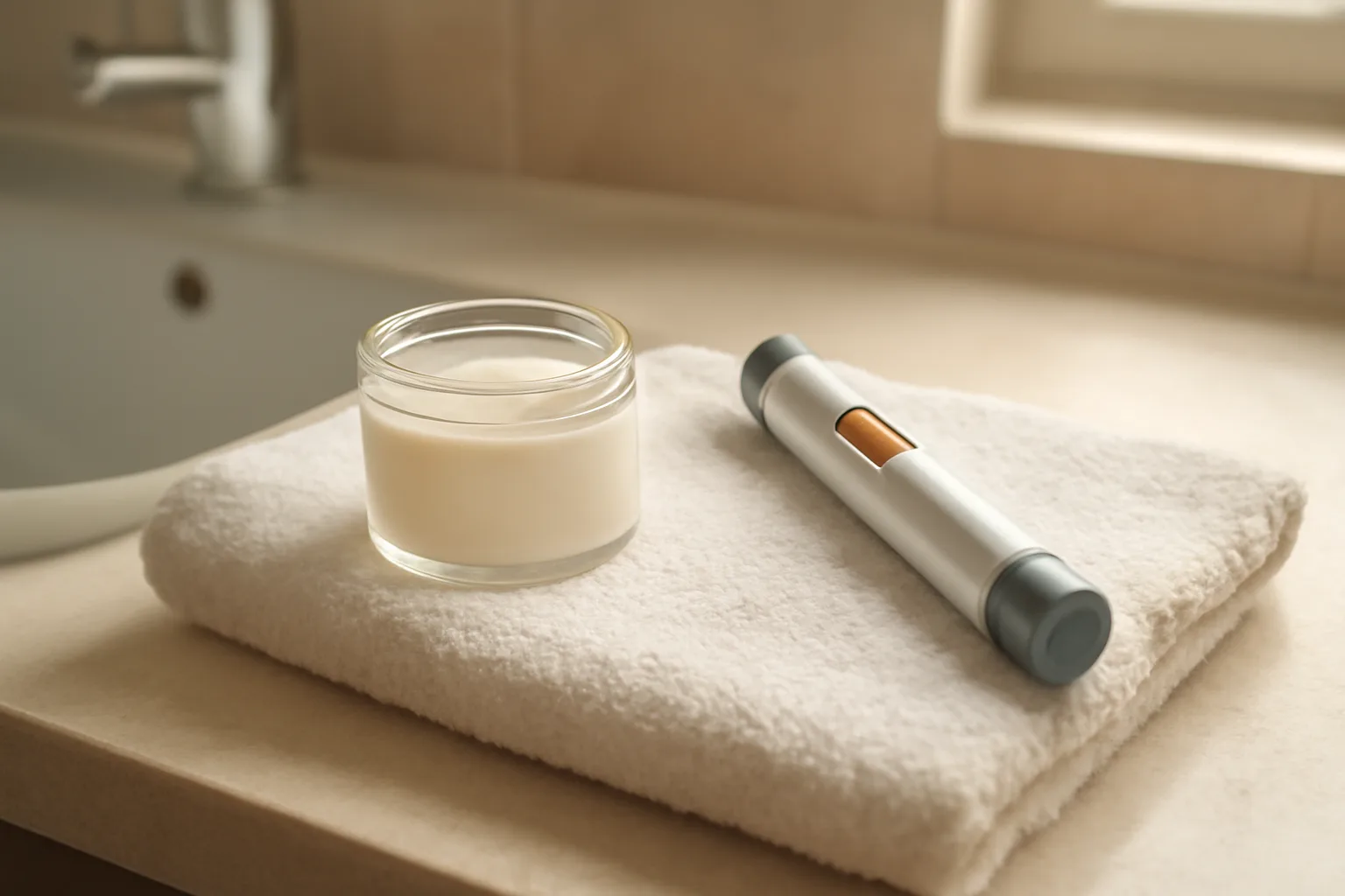 Compounded arousal cream jar and injector pen compared side by side on a bathroom counter