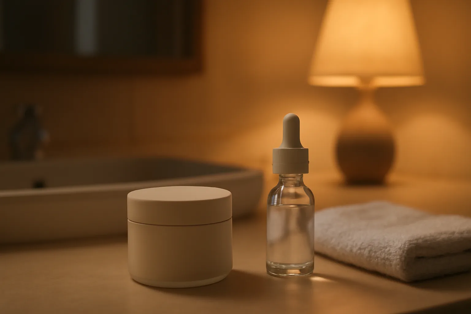 Unlabeled cream jar and dropper on a bathroom counter, evoking how to reconstitute scream cream rx