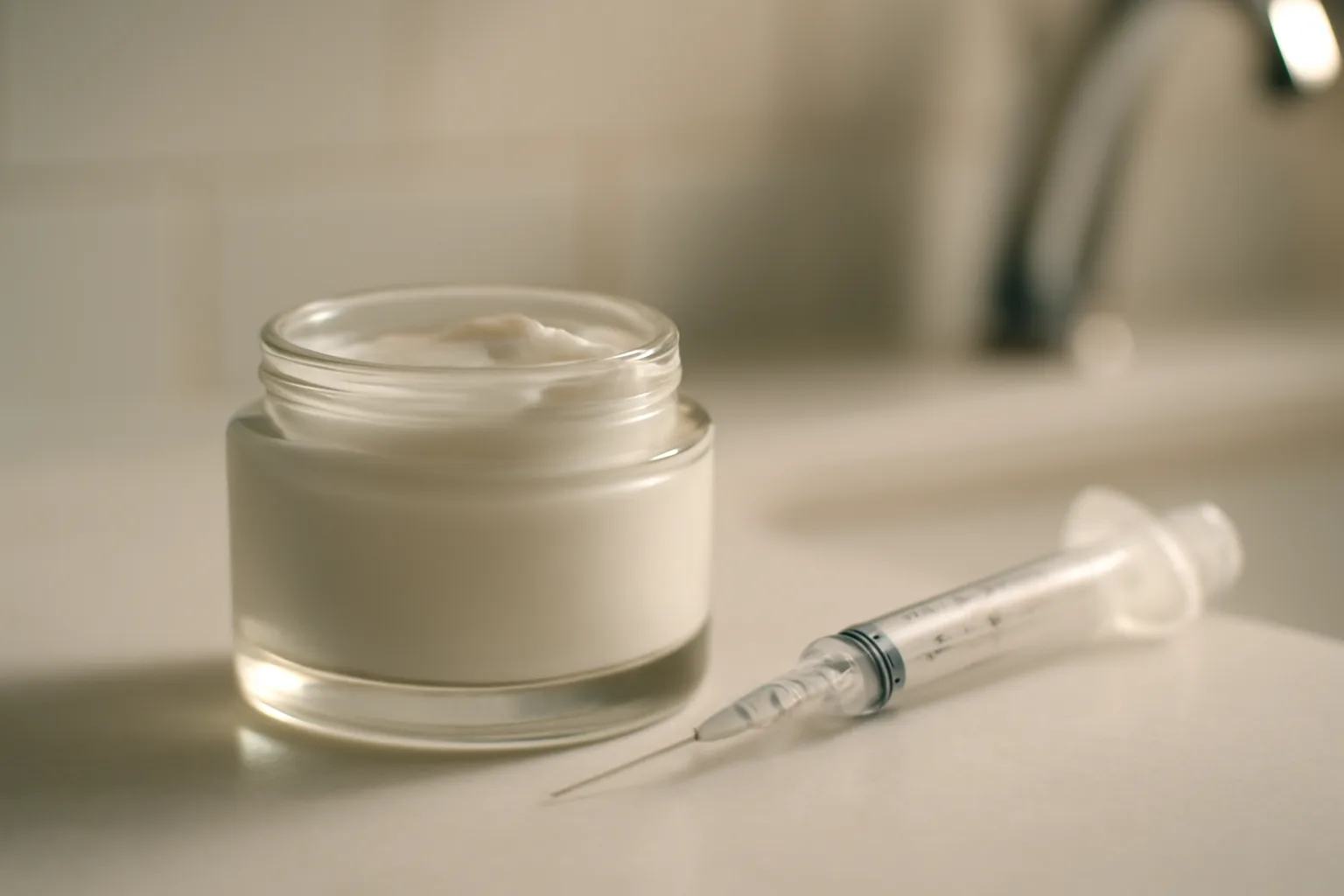 Unlabeled cream jar and measuring syringe representing Scream Cream Rx dosage calculator questions