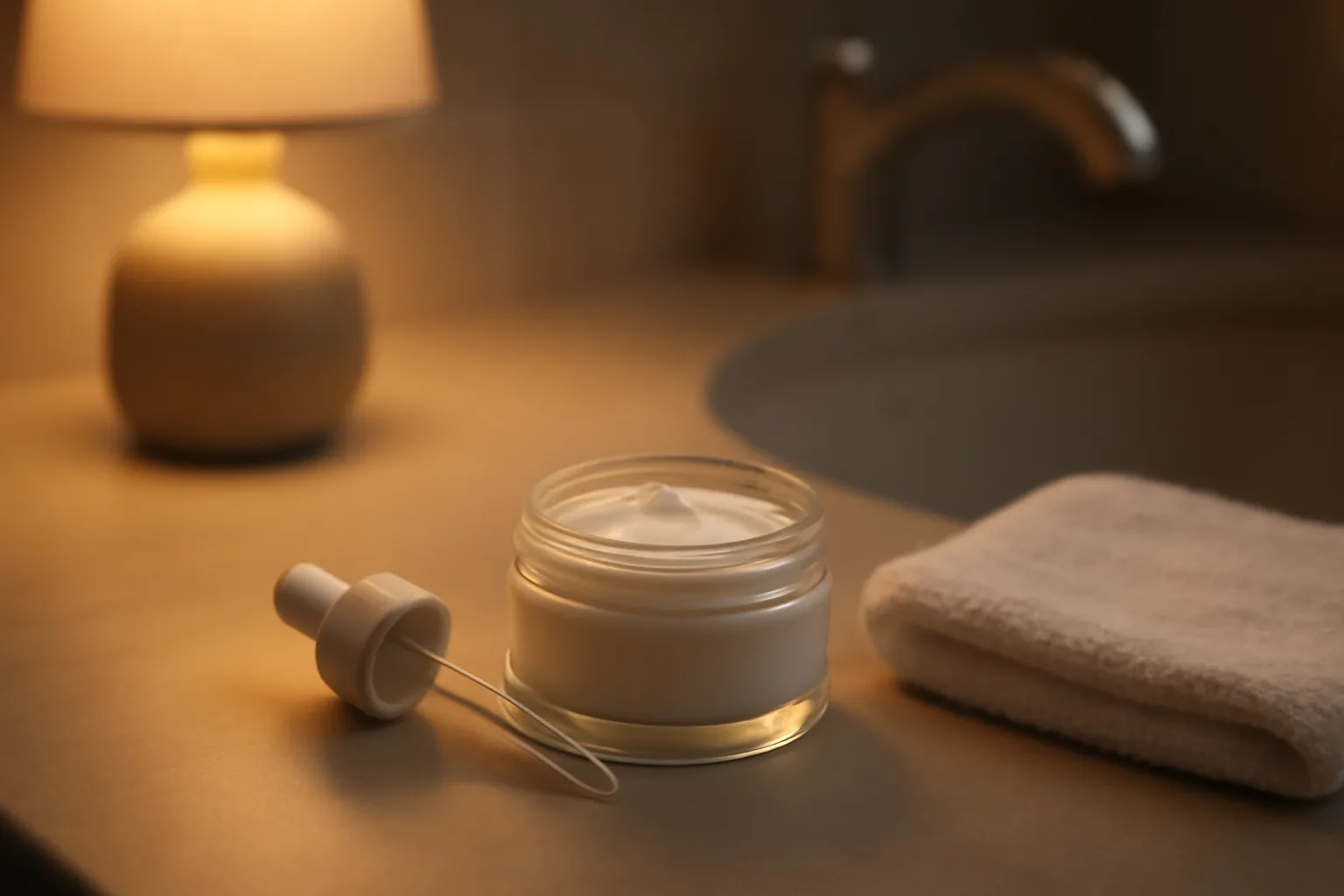 Small unlabeled cream jar and dropper on a bathroom counter representing scream cream dosage