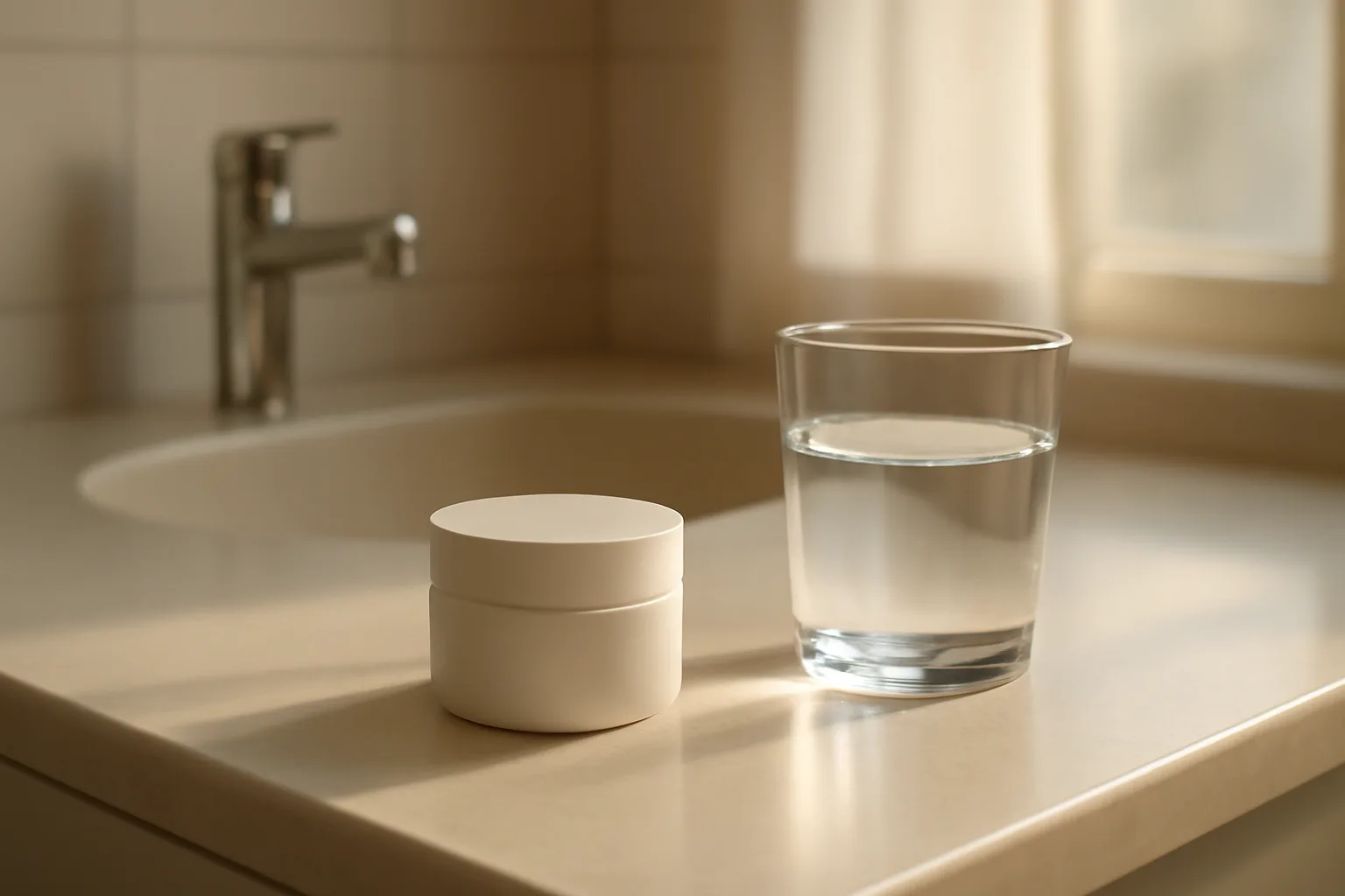 Unmarked cream jar on a bathroom counter representing scream cream half life questions
