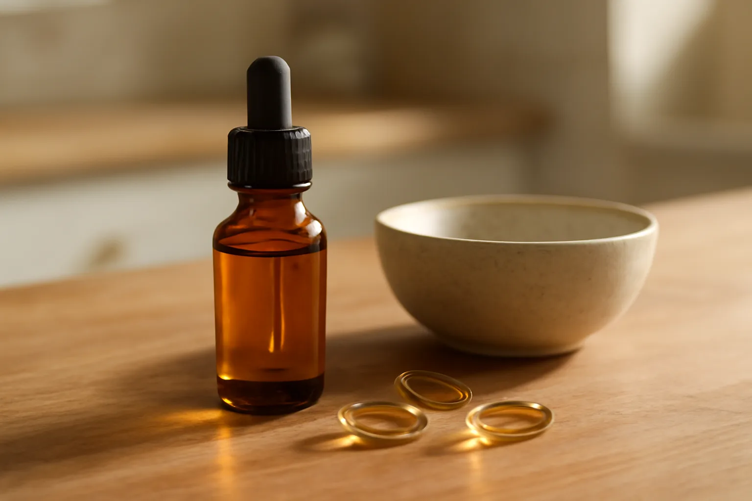 Natural supplement capsules and an oil dropper bottle on a kitchen counter