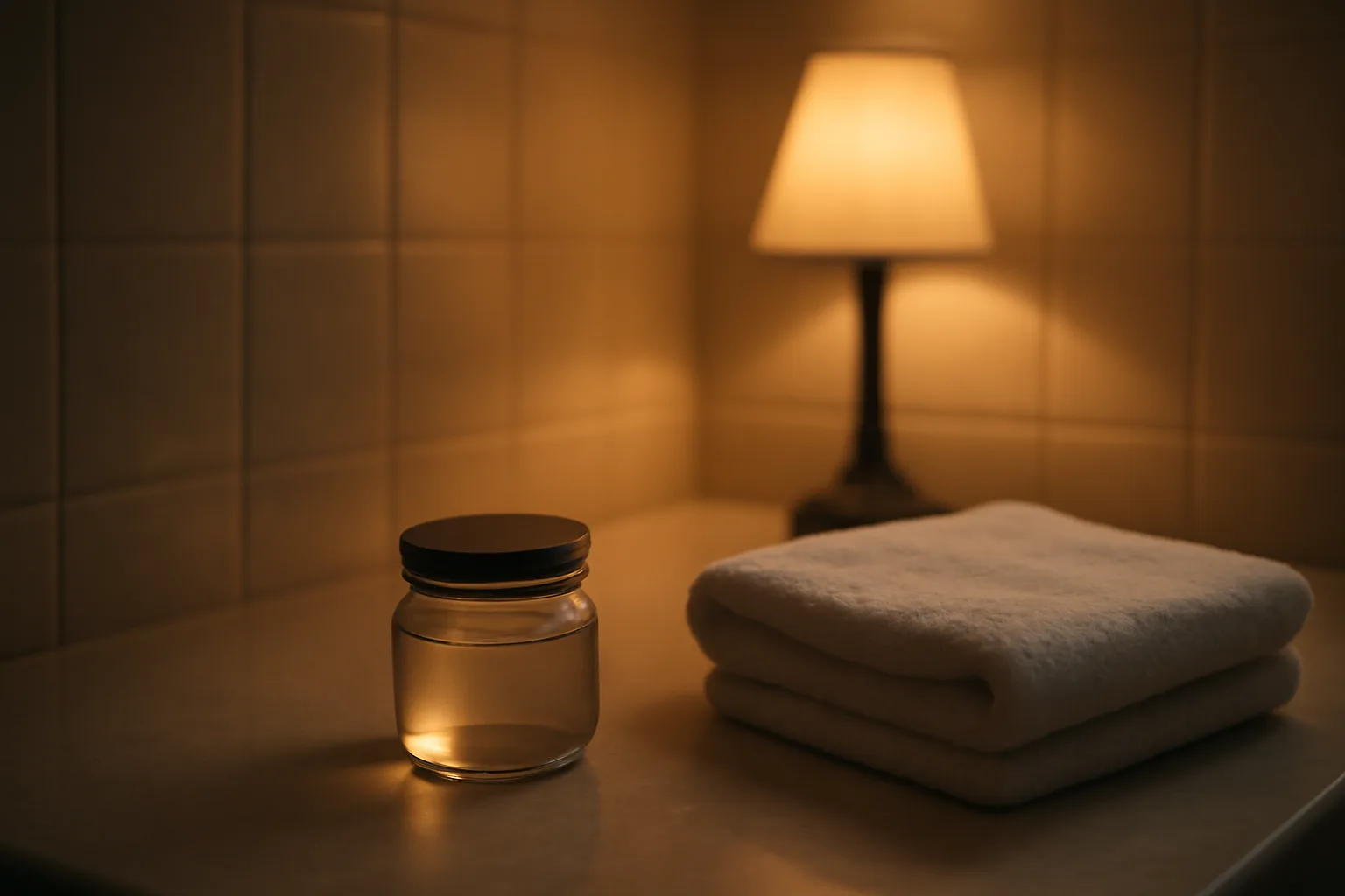 Bathroom counter scene evoking research into scream cream alternatives for arousal