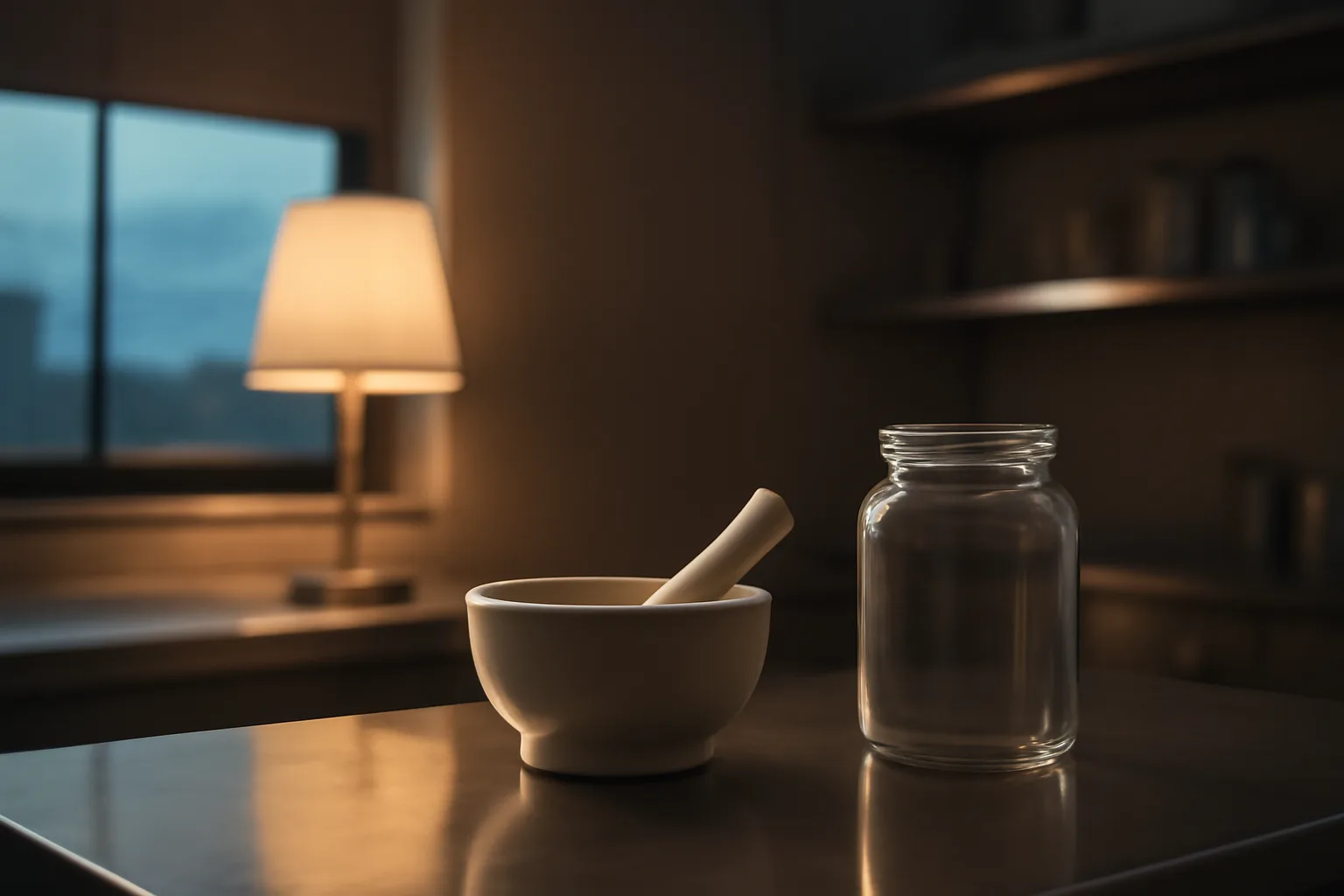 Compounding pharmacy counter with mortar and pestle representing scream cream research