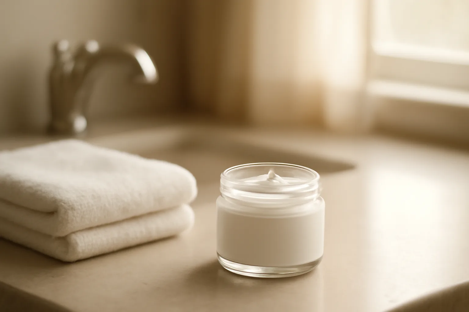Unlabeled cream jar on a bathroom counter suggesting scream cream before and after use