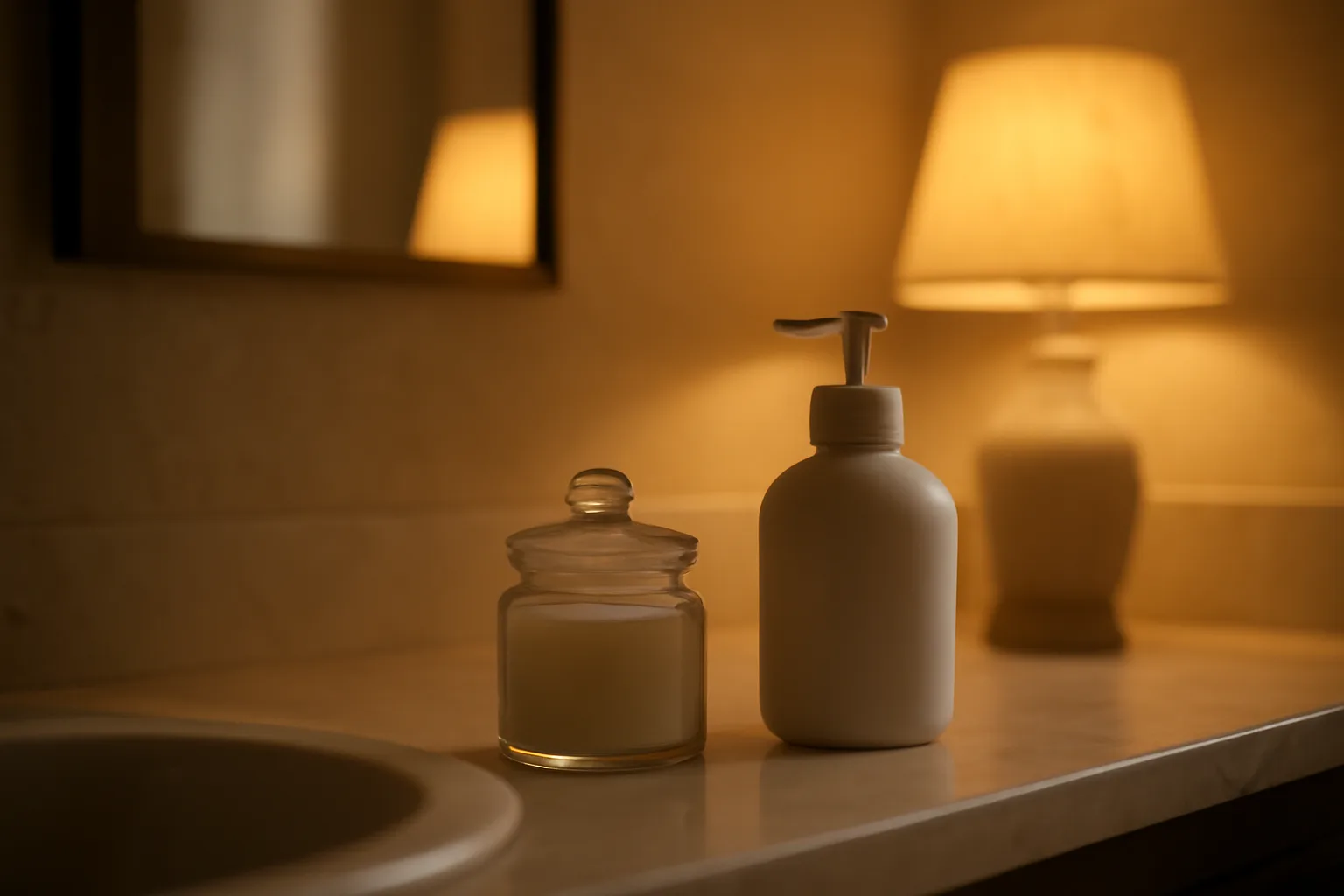 Unlabeled cream jar and pump bottle on a bathroom counter representing scream cream cost per month