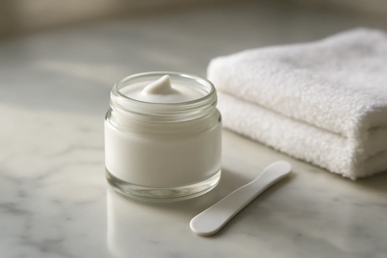 Unlabeled jar of topical cream and spatula on a bathroom counter in soft light