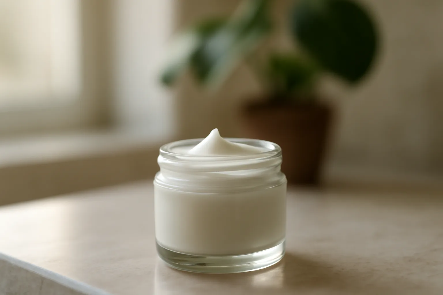 Small unlabeled jar of topical cream on a sunlit bathroom counter
