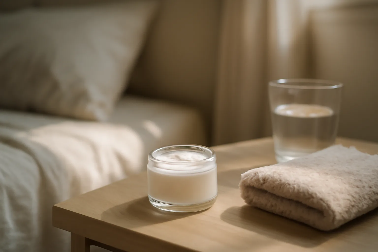 Unlabeled jar of topical cream on a bedside table in soft morning light