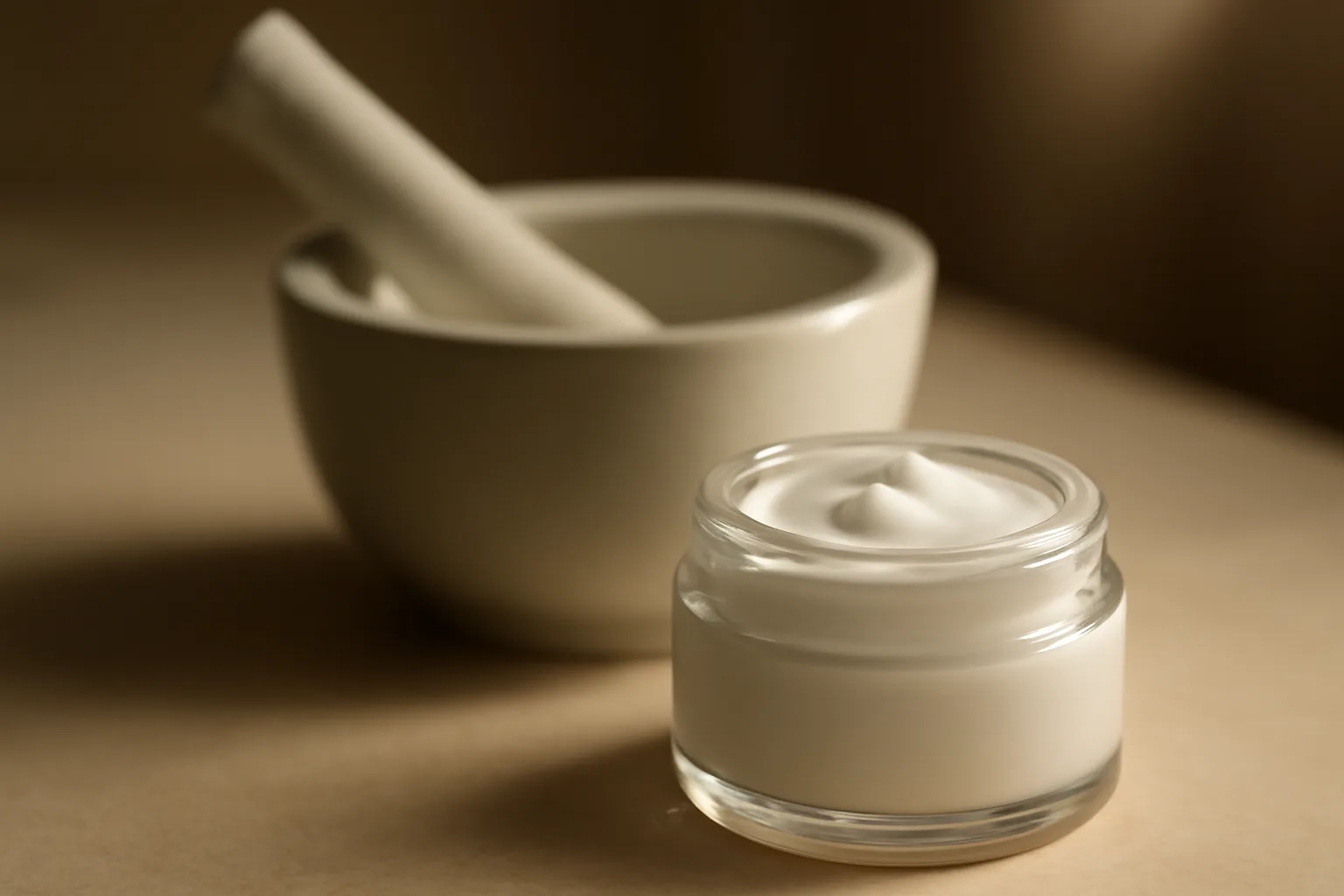 Mortar, pestle, and unlabeled cream jar representing compounded scream cream ingredients