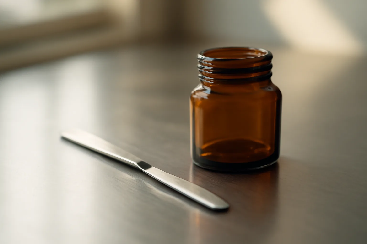 Compounding pharmacy jar and spatula on steel counter, representing scream cream reviews topic