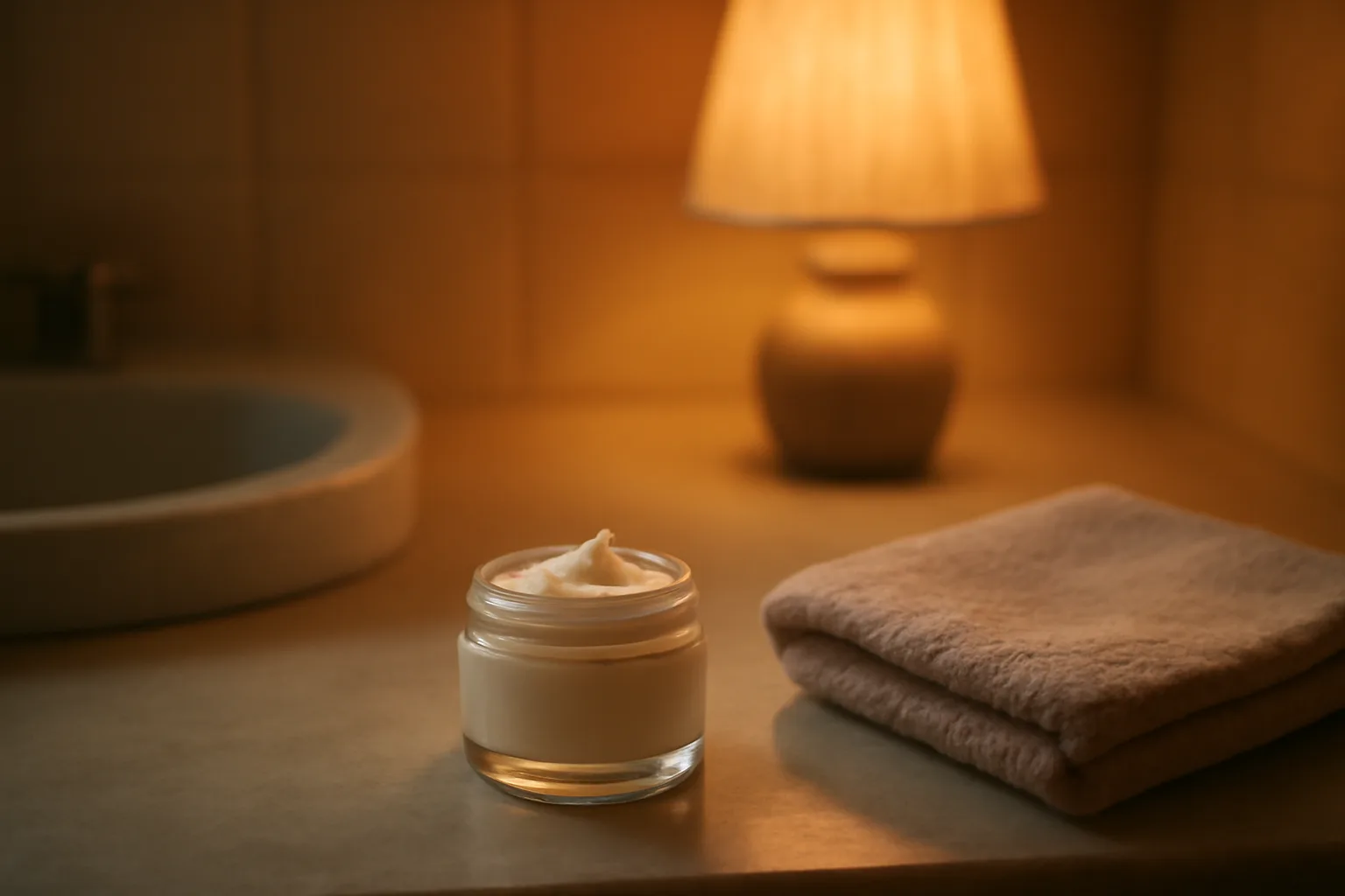 Unlabeled cream jar on a bathroom counter representing compounded arousal cream products