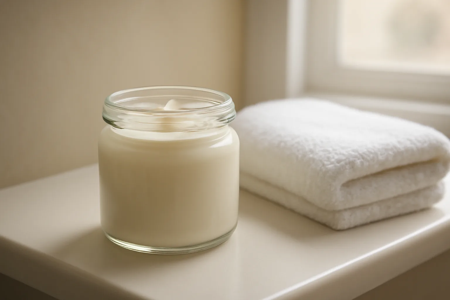 Unlabeled cream jar on a bathroom shelf in soft natural light