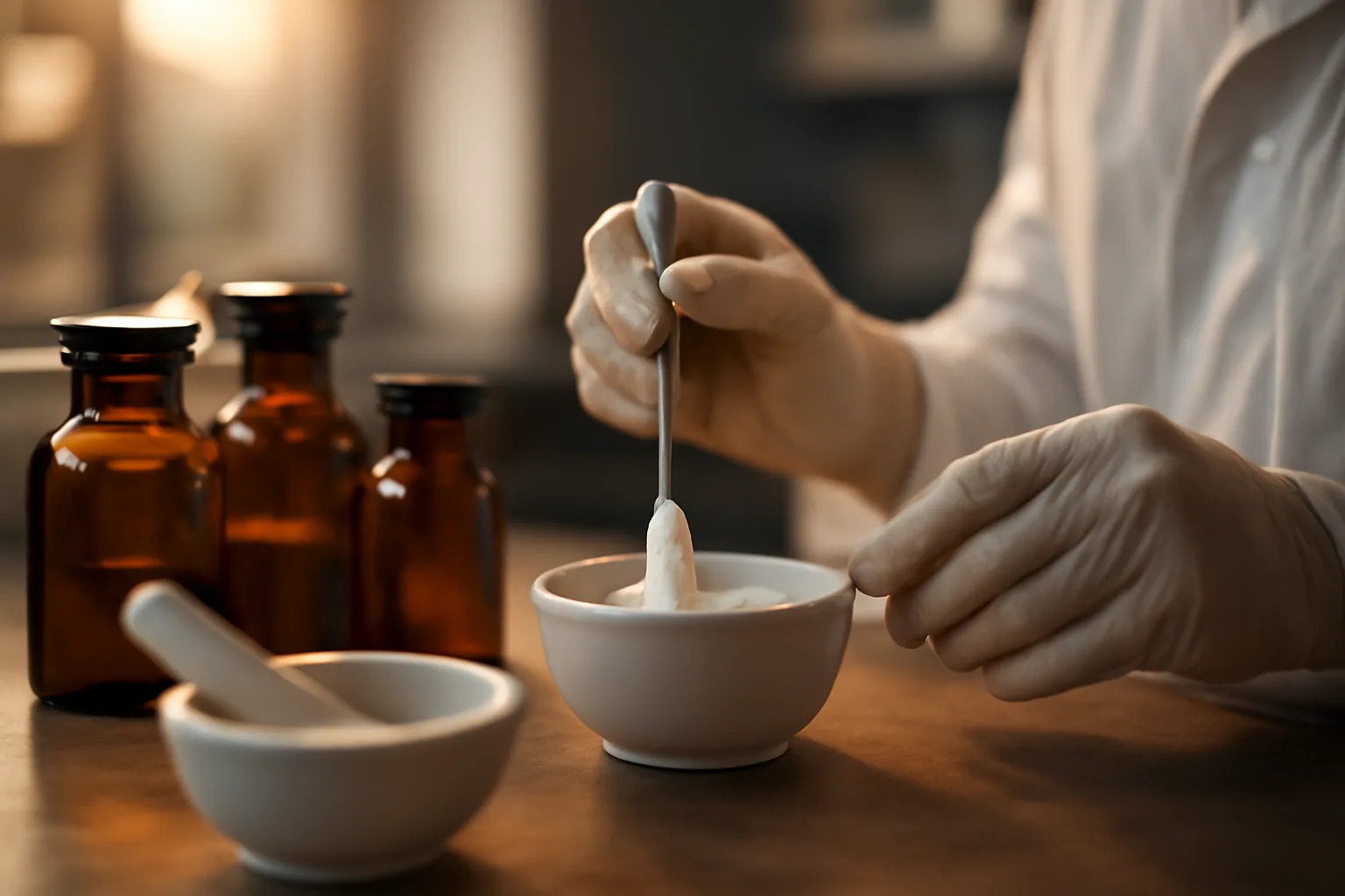 Pharmacist compounding a topical cream at a pharmacy counter