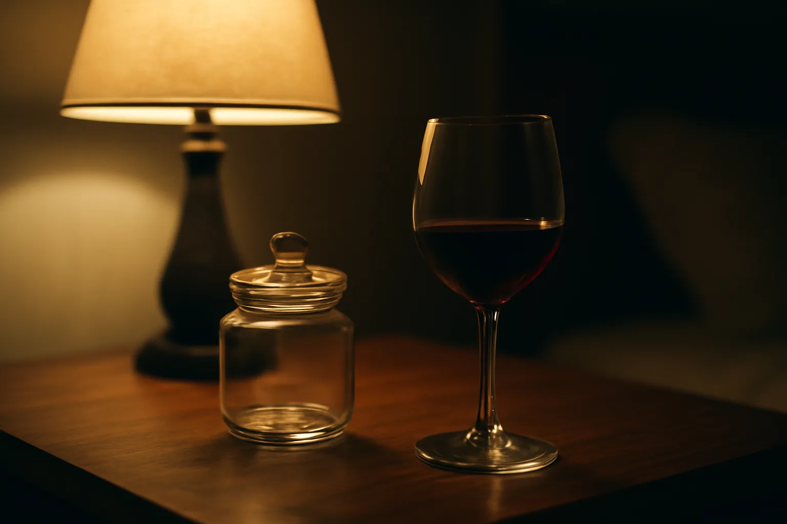 Glass of wine beside an unlabeled cream jar on a nightstand at night