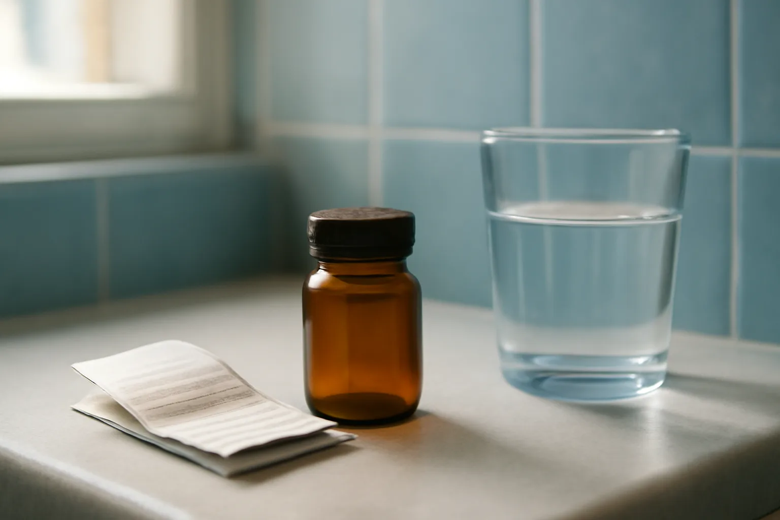Compounded cream jar and medication insert on a counter beside a water glass