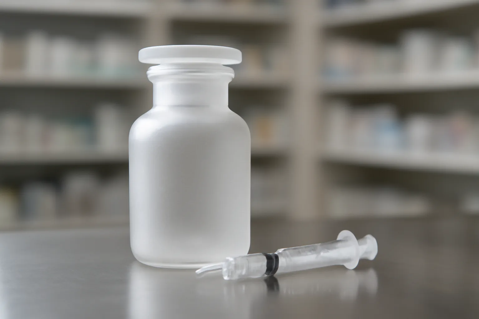 Compounding pharmacy jar and syringe on steel counter, relevant to scream cream and athlete drug testing