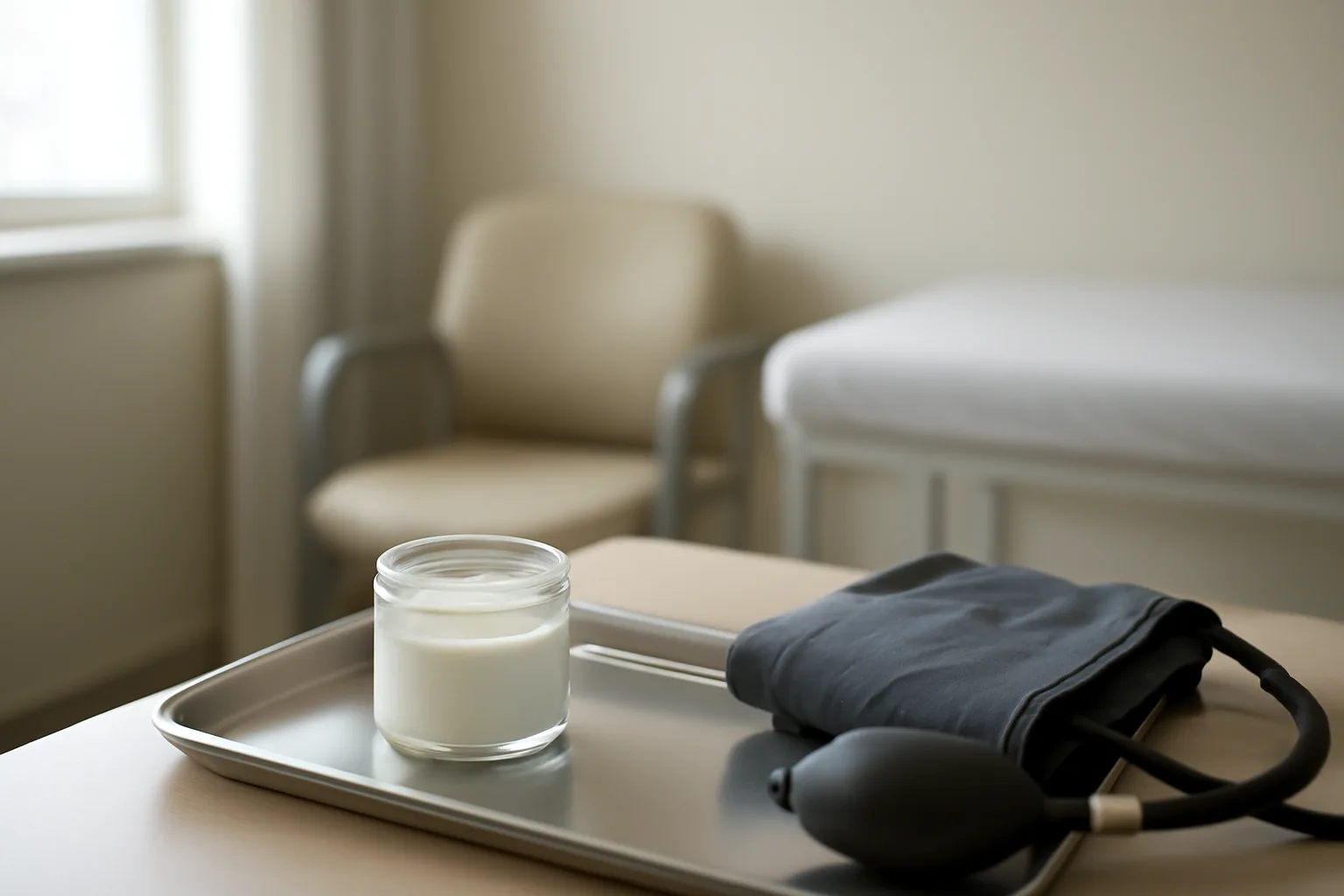 Compounded arousal cream jar and blood pressure cuff on a clinic tray