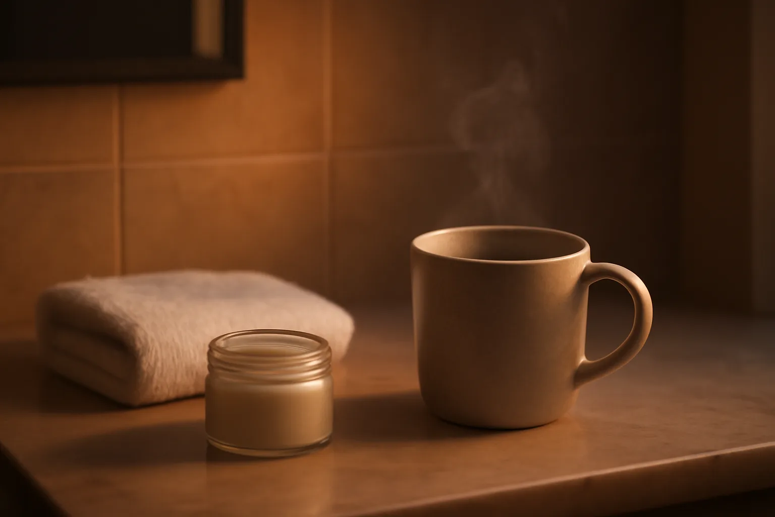 Coffee cup and unlabeled cream jar on a bathroom counter, evoking scream cream and caffeine