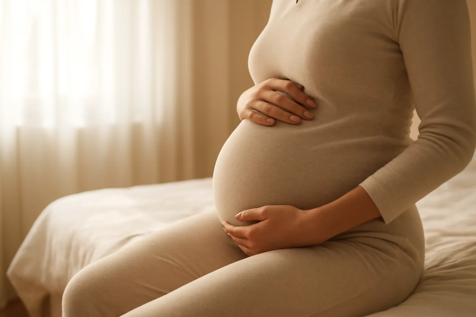 Pregnant woman resting hands on belly in soft morning bedroom light