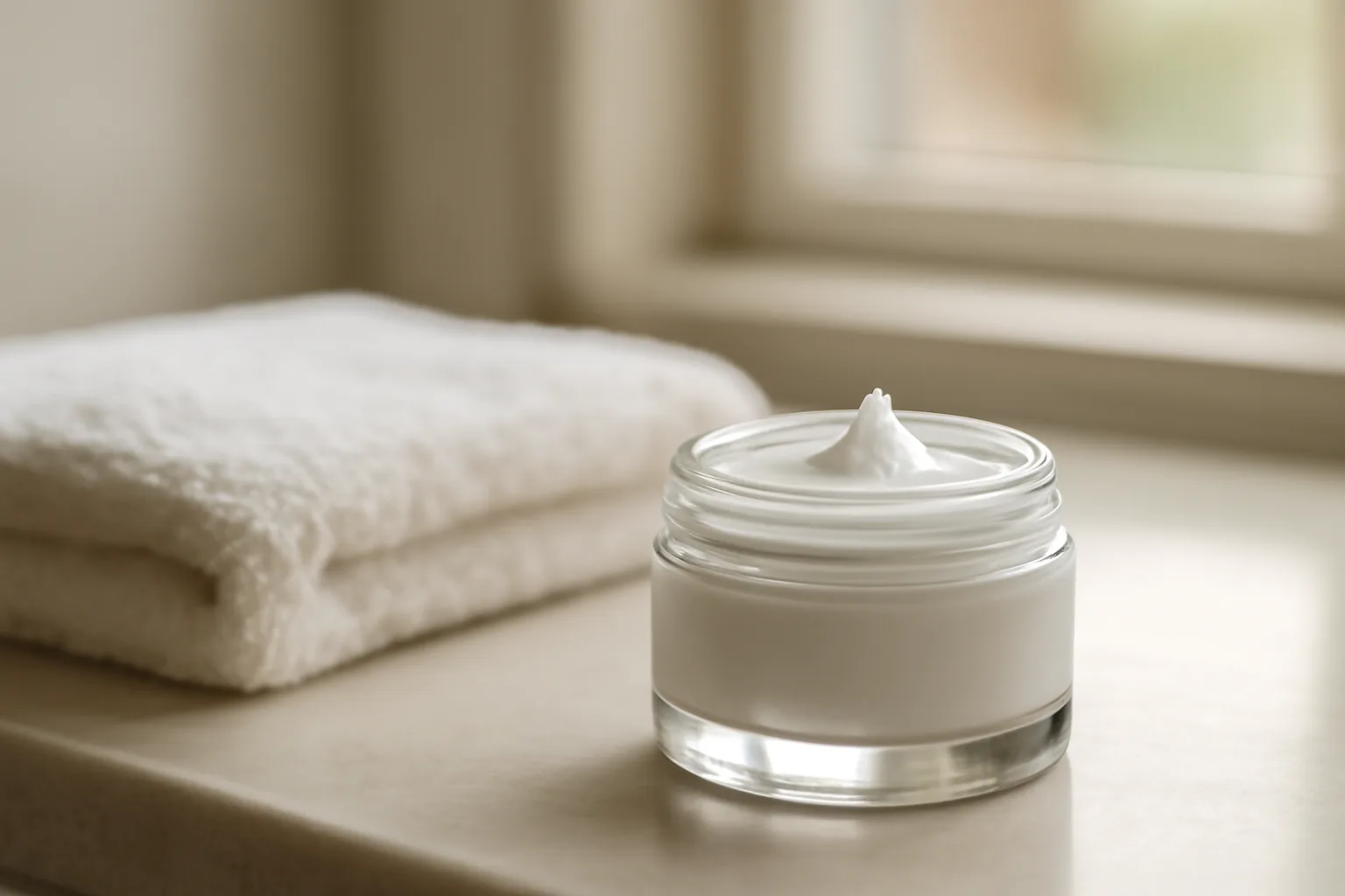 Unlabeled jar of topical cream on a bathroom counter in soft daylight