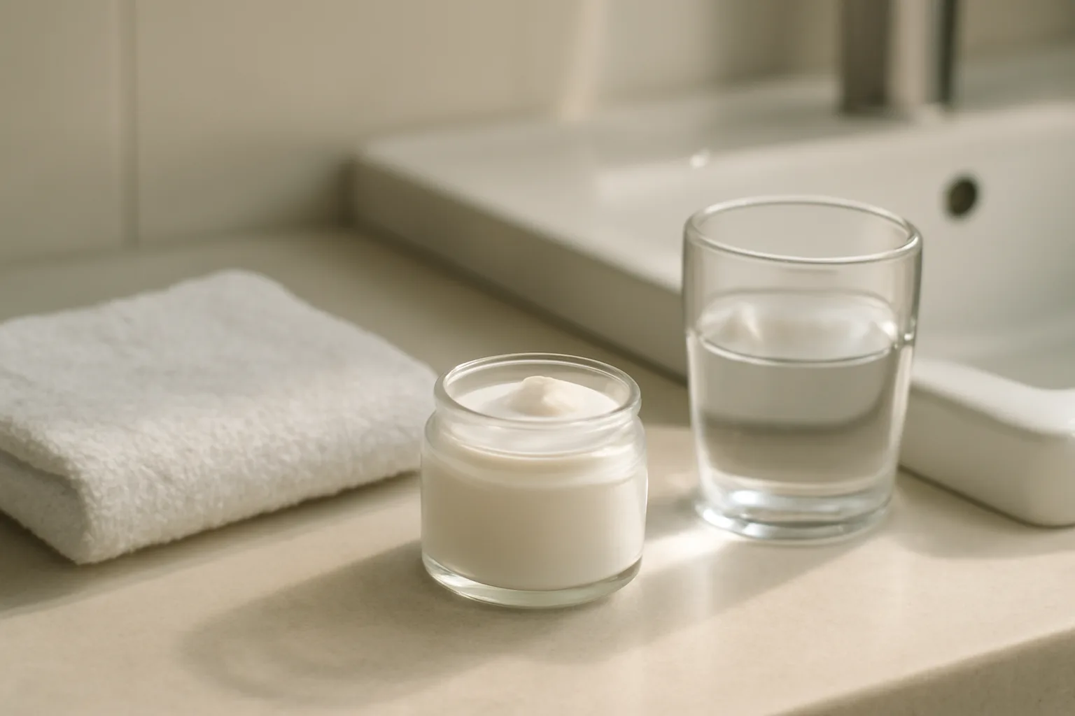 Unlabeled cream jar and water glass on a bathroom counter in morning light