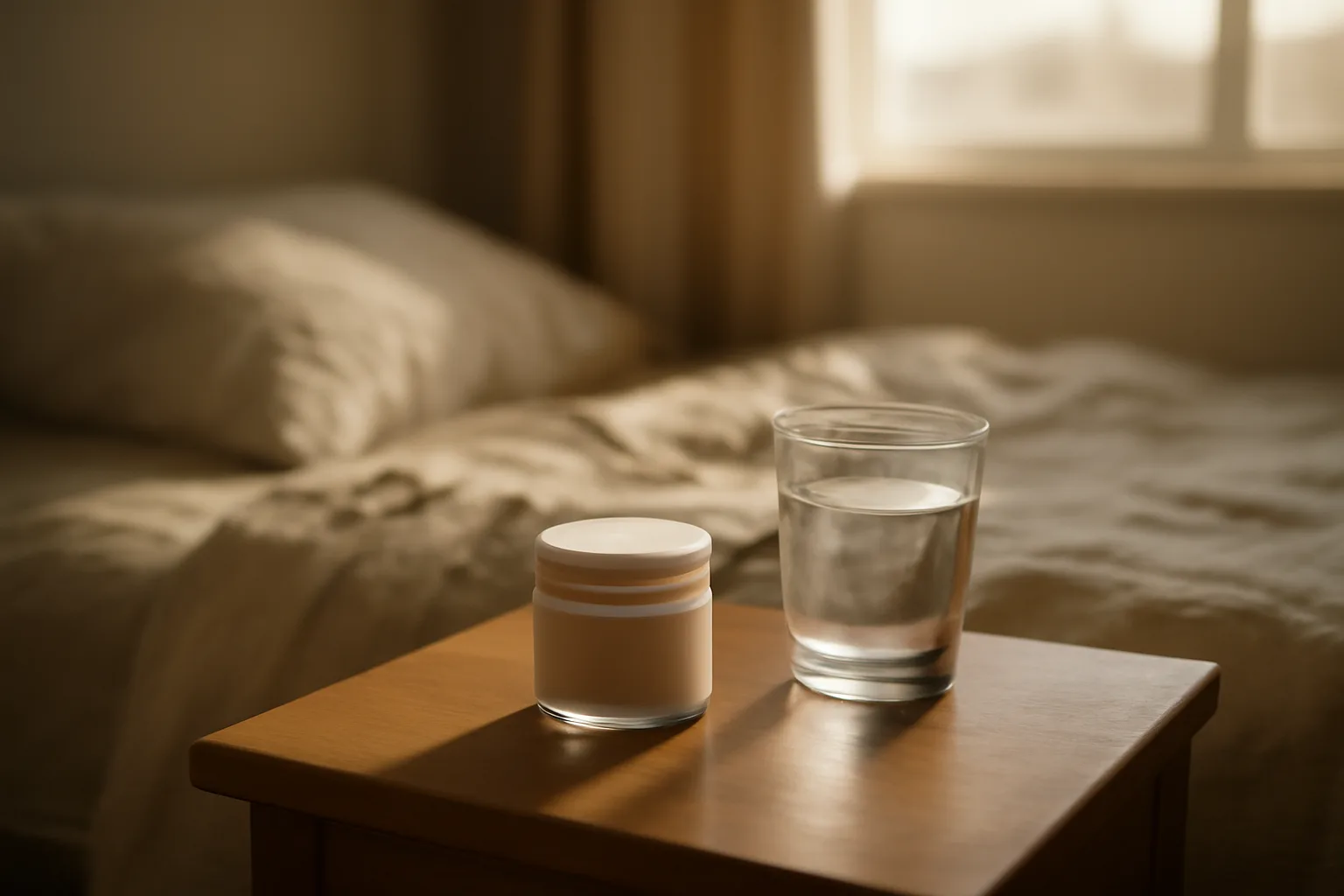 Nightstand scene suggesting scream cream use in a quiet bedroom setting