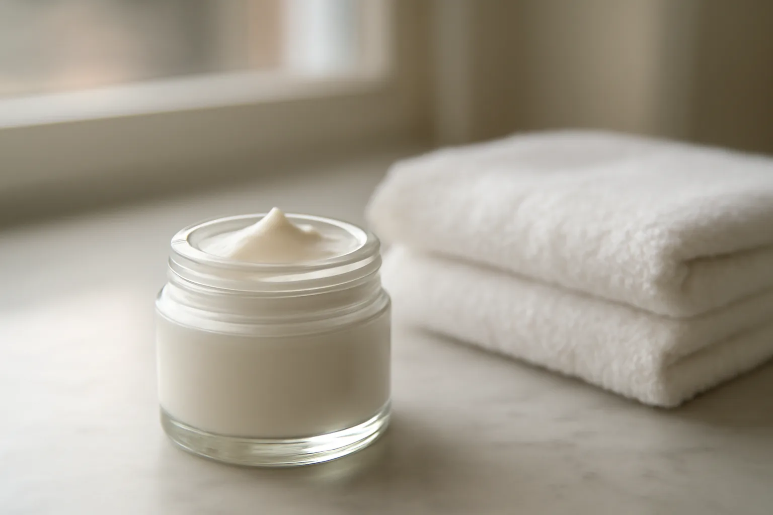 Unlabeled jar of topical cream on a bathroom counter in soft daylight