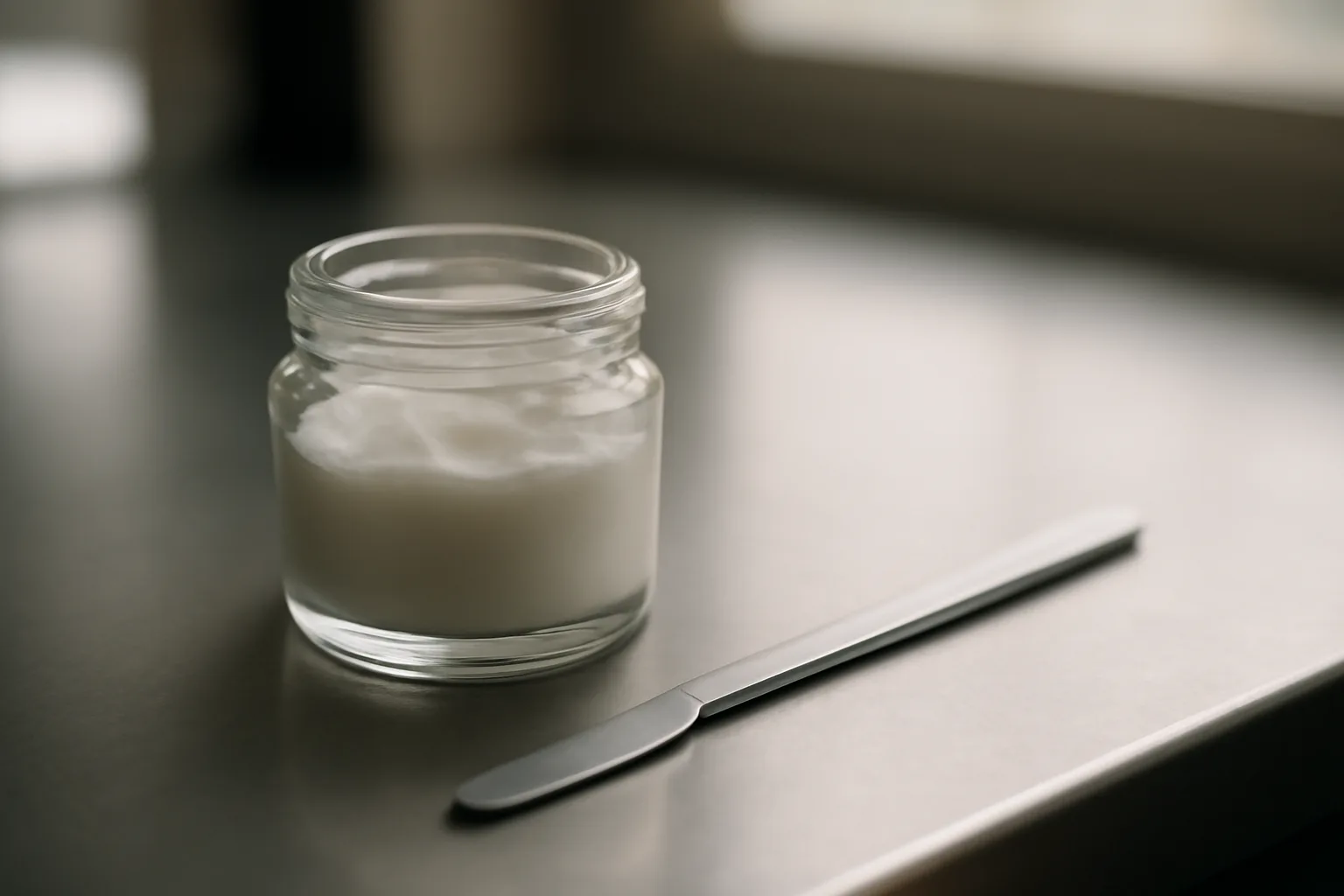 Compounding pharmacy jar and spatula on steel counter representing scream cream legal status