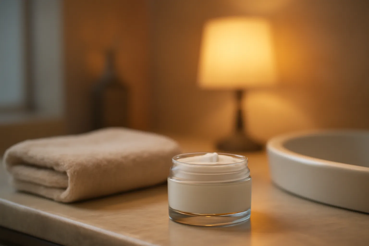 Unmarked jar of topical cream on a bathroom counter in warm evening light