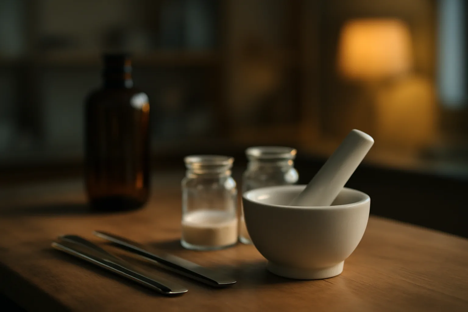 Compounding pharmacy lab bench with steel tools and glass jars under warm light
