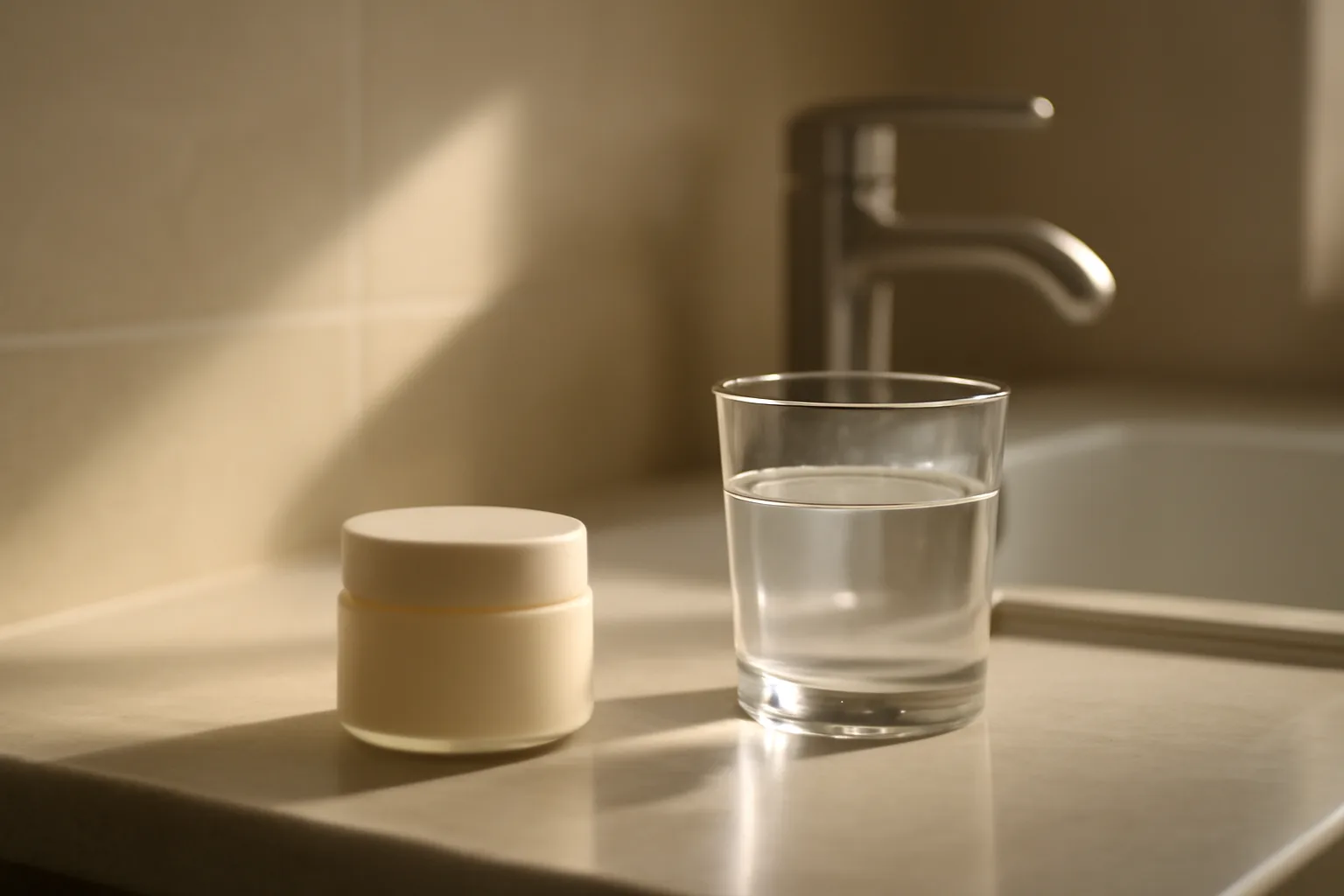 Unlabeled cream jar on bathroom counter suggesting Scream Cream Rx side effects discussion
