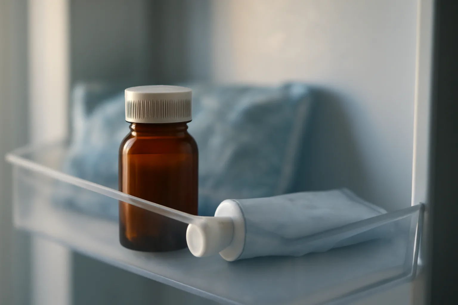 Amber compounded cream jar stored on a refrigerator shelf beside an ice pack