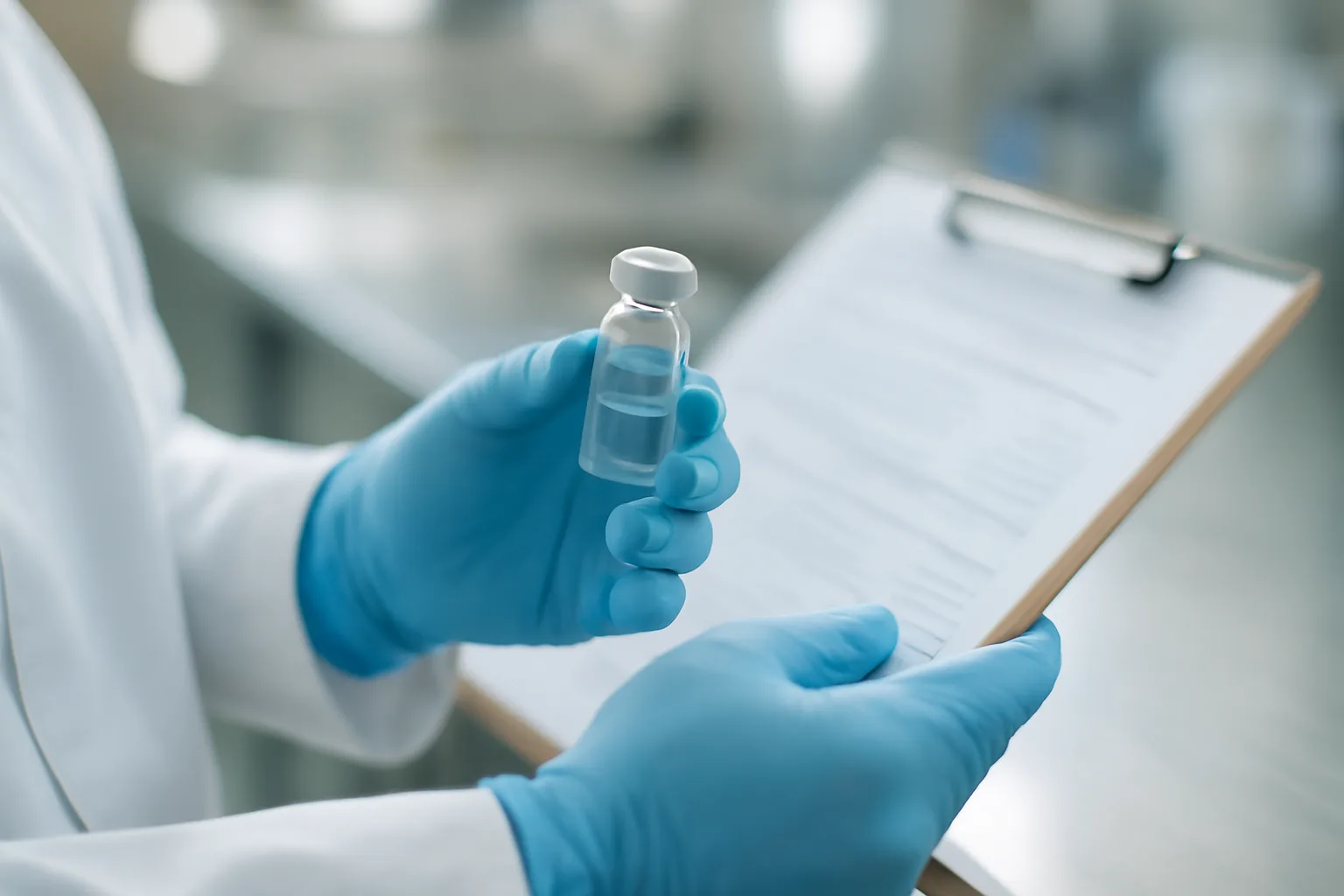 Lab technician examining a compounded cream sample during quality testing in a pharmacy lab