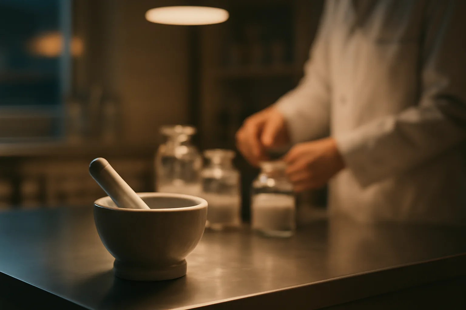 Pharmacist's counter with mortar and pestle representing scream cream compounding pharmacy work