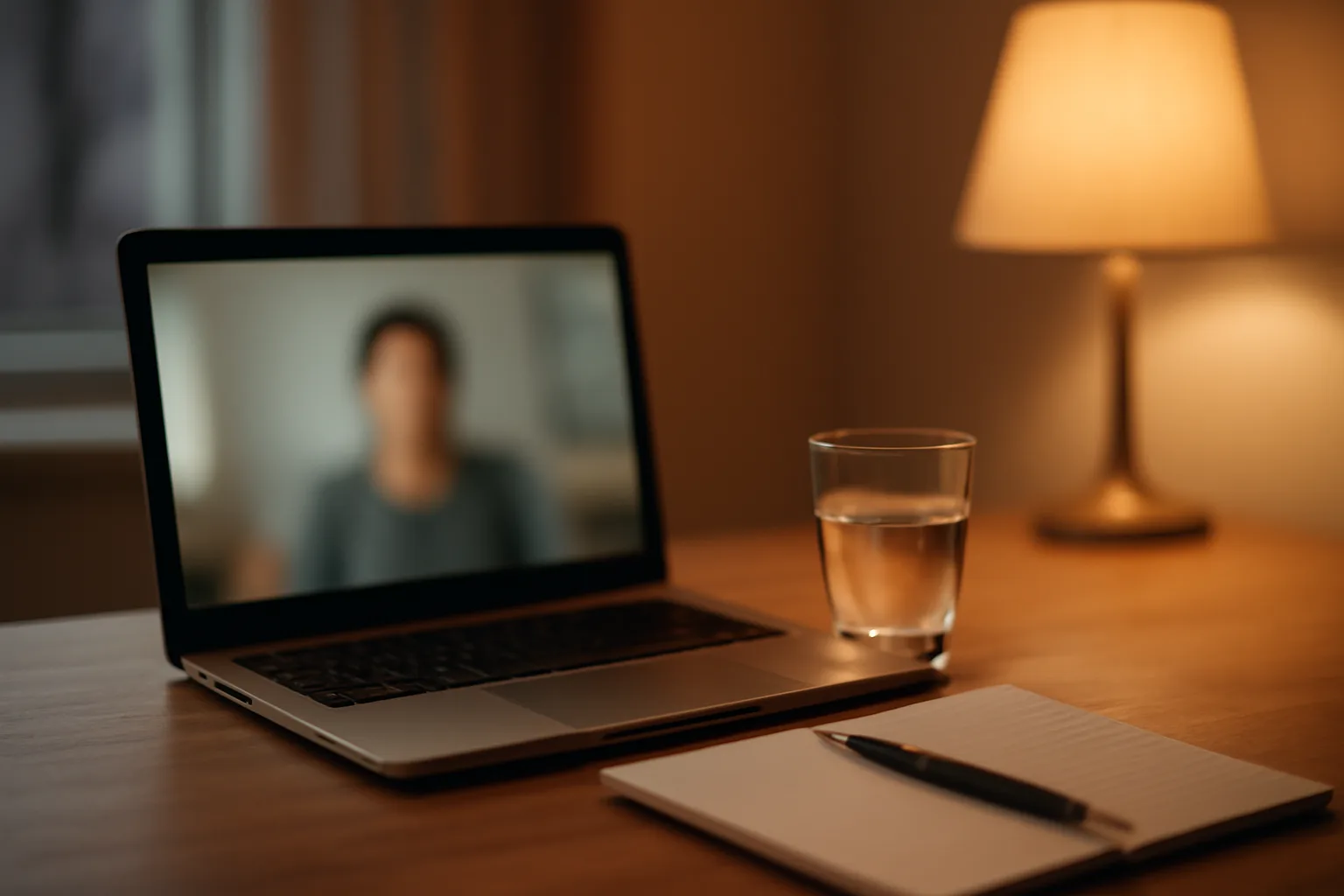 Laptop and notepad on a desk suggesting an online telehealth consultation at home