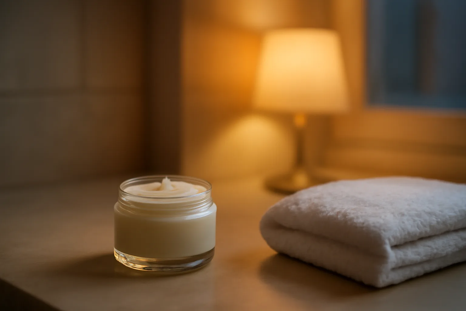 Unlabeled jar of topical cream on a bathroom counter suggesting scream cream prescription context