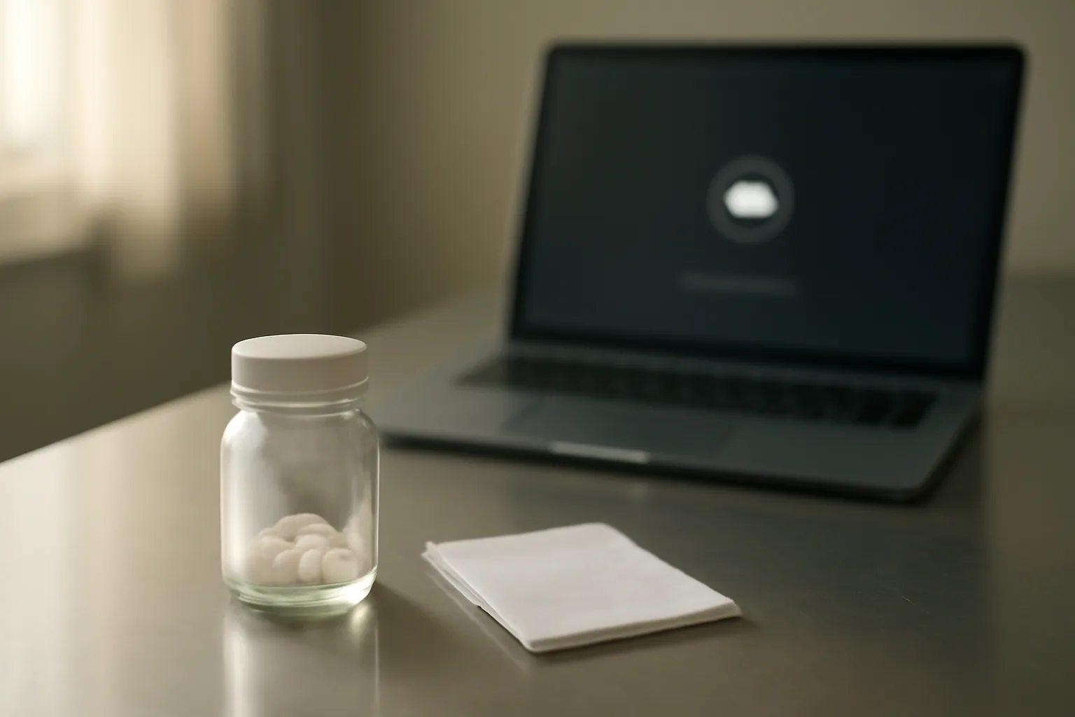 Compounded cream jar and laptop on a counter representing a scream cream telehealth consult