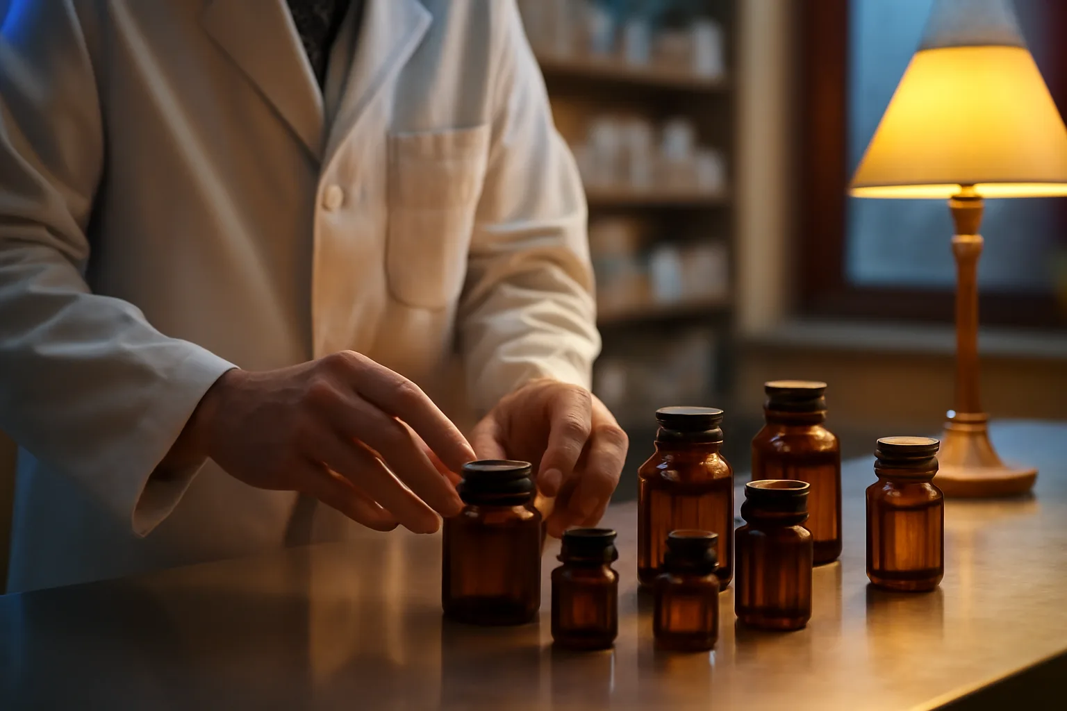 Pharmacist preparing compounded topical creams on a stainless steel pharmacy counter